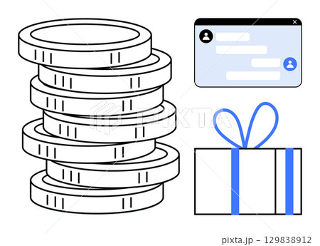 Stacked coins representing financial transactions, a gift box symbolizing rewards, and a chat window indicating customer service. Ideal for e-commerce, online banking, financial technology, digital Stacked coins representing financial transactions, a gift box symbolizing rewards, and a chat window indicating customer service. Ideal for e-commerce, online banking, financial technology, digital 129838912