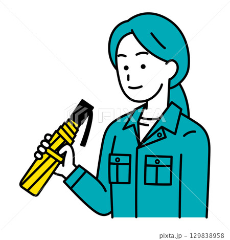 折り畳み傘を持つ作業員の女性 折り畳み傘を持つ作業員の女性 129838958