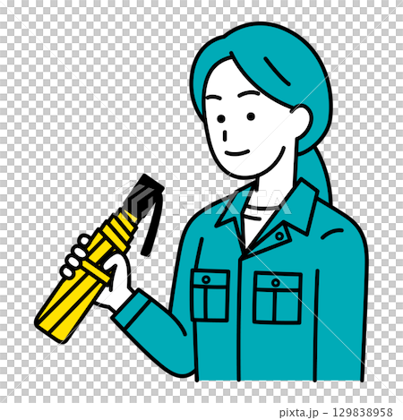 折り畳み傘を持つ作業員の女性 折り畳み傘を持つ作業員の女性 129838958