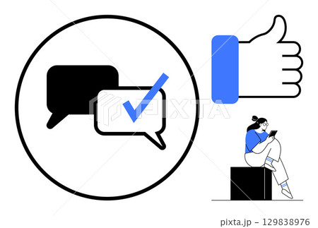Speech bubbles with a checkmark, a thumbs-up icon, and a female figure using a tablet while seated. Ideal for communication, social media, feedback, technology, approval, validation user 129838976