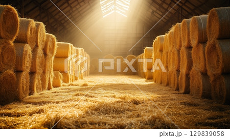 Golden hay bales are stacked inside a rustic barn 129839058