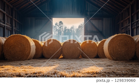Golden hay bales are stacked inside a rustic barn 129839060