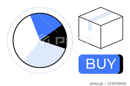 Pie chart with four segments, a package box, and a BUY button. Ideal for e-commerce, online shopping, sales analytics, inventory management, shipping services, digital marketing, retail business 129839092