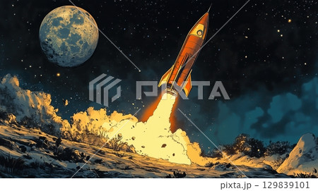 rocket flying to the moon, comic art 129839101
