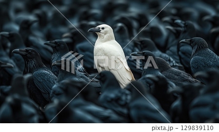 Uncommon sight - a white crow in a flock of black crows Uncommon sight - a white crow in a flock of black crows 129839110