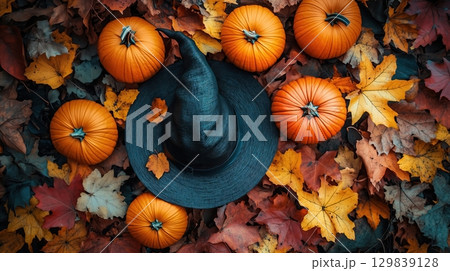 A witch's hat surrounded by pumpkins and autumn leaves 129839128