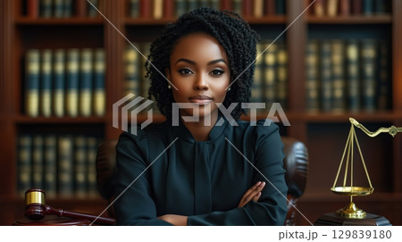 Black female lawyer wearing a black robe sitting on table 129839180
