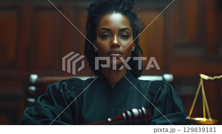 Black female lawyer wearing a black robe sitting on table 129839181