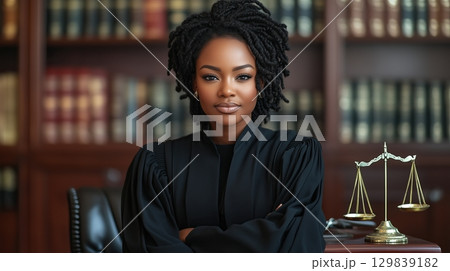 Black female lawyer wearing a black robe sitting on table 129839182