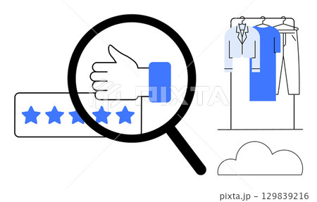 Magnifying glass over thumbs-up and five-star review, with clothes on a rack and cloud. Ideal for online shopping, e-commerce feedback, customer satisfaction, clothes review, ratings, fashion. Line 129839216