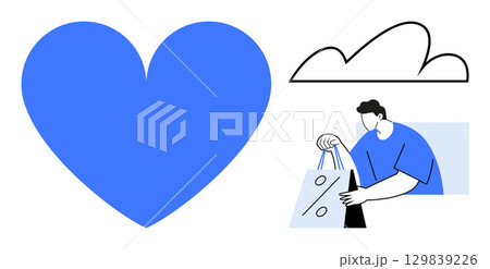 Blue heart, outlined cloud, and person in blue shirt holding a shopping bag with a percentage symbol. Ideal for retail, customer satisfaction, e-commerce, marketing, promotions, love and cloud 129839226