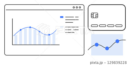 Graphical data analysis on computer screen, credit card, and small graph. Ideal for finance, business analytics, fintech, banking, data visualization market research investment. Line metaphor 129839228