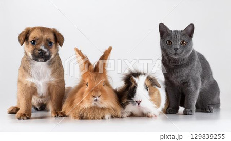 犬と猫とウサギとモルモットのポートレートのイラスト素材 [129839255 
