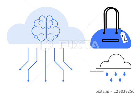 Brain in cloud with circuit lines. Blue handbag with price tag. Cloud raining. Ideal for technology, AI, fashion, e-commerce, weather forecasting retail digital transformation. Line metaphor 129839256