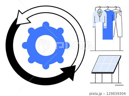 Gear with circular arrows, clothes hanging on a rack, solar panel. Ideal for sustainability, renewable energy, recycling, waste reduction, environmental conservation, eco-friendly businesses Gear with circular arrows, clothes hanging on a rack, solar panel. Ideal for sustainability, renewable energy, recycling, waste reduction, environmental conservation, eco-friendly businesses 129839304
