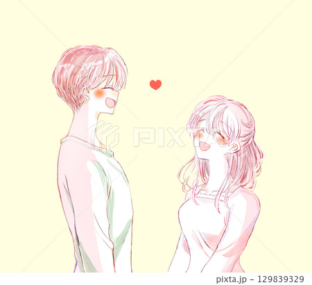 向かい合って笑う男女　恋愛 129839329