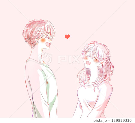 向かい合って笑う男女　恋愛 129839330