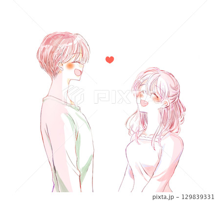 向かい合って笑う男女　恋愛 129839331