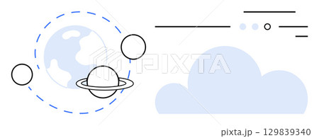 Planet with rings and orbits, cloud, lines and circles. Ideal for technology, cloud computing, data exchange, space-themed projects, education, network infrastructure, server systems. Line metaphor 129839340