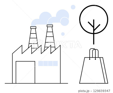 Factory with smokestacks emitting smoke next to a tree and shopping bag. Ideal for environmental awareness, pollution, industrial impact, eco-friendly practices, sustainability, nature conservation Factory with smokestacks emitting smoke next to a tree and shopping bag. Ideal for environmental awareness, pollution, industrial impact, eco-friendly practices, sustainability, nature conservation 129839347