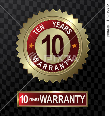 Round and rectangular emblems in gold color with the text ten year product warranty Round and rectangular emblems in gold color with the text ten year product warranty 129839512