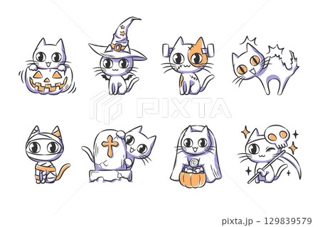 Set of cute Halloween cat costume illustration such as witch, frankenstein, mummy, grim reaper  . Hand drawn icon collection . Vector . 129839579