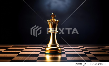 Golden king chess piece on chessboard, symbolizing success and strategy Golden king chess piece on chessboard, symbolizing success and strategy 129839866