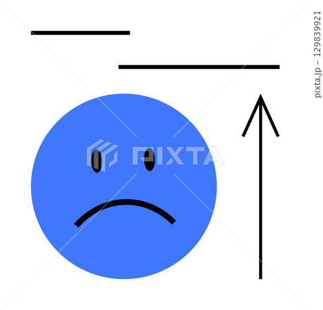 Blue sad face emotion with simple eyes and frown, vertical arrow pointing upward, and horizontal lines. Ideal for emotions, moods, feedback, mental health awareness, growth, improvement 129839921