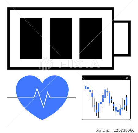 Battery icon, heartbeat line inside blue heart, and fluctuating graph chart. Ideal for health, technology, fitness, energy, medical statistics data analysis. Line metaphor Battery icon, heartbeat line inside blue heart, and fluctuating graph chart. Ideal for health, technology, fitness, energy, medical statistics data analysis. Line metaphor 129839966
