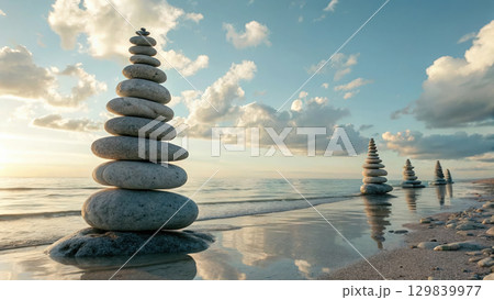 Balanced stones create serene scene by beach at...のイラスト素材 [129839977 ...