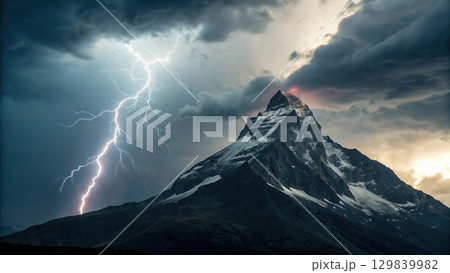 thunderbolt striking mountain peak, symbolizing nature power and beauty 129839982