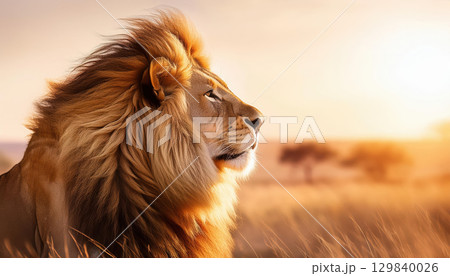 Majestic lion with flowing mane in sunlit savannah landscape 129840026