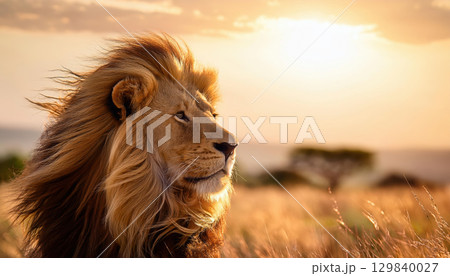 Majestic lion with flowing mane in golden sunset on savannah landscape 129840027