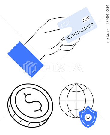 Hand holding a credit card, a coin with dollar sign, a globe, and a shield with a check mark. Ideal for financial security, global payments, online transactions, digital banking, e-commerce Hand holding a credit card, a coin with dollar sign, a globe, and a shield with a check mark. Ideal for financial security, global payments, online transactions, digital banking, e-commerce 129840034