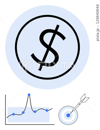 Dollar sign encircled line graph with data points and a bullseye with an arrow. Ideal for finance, marketing, analytics, goals, success, strategy, data. Line metaphor 129840048