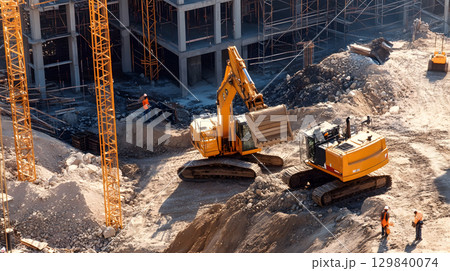 Construction site with crane, excavator, and scaffolding. design for building and development projects. 129840074