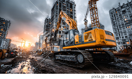 Construction site with crane, excavator, and scaffolding. design for building and development projects. 129840091