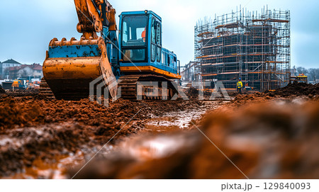 Construction site with crane, excavator, and scaffolding. design for building and development projects. 129840093