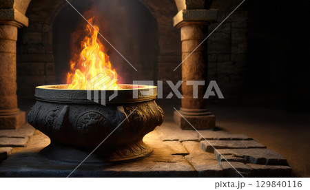 roaring flame inside stone brazier symbolizes power on ancient altar 129840116