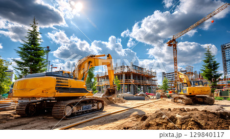 Construction site with crane, excavator, and scaffolding. design for building and development projects. 129840117