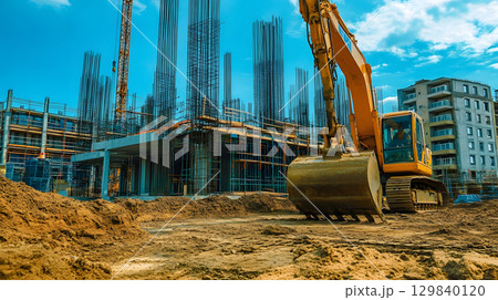 Construction site with crane, excavator, and scaffolding. design for building and development projects. 129840120