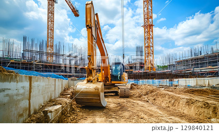 Construction site with crane, excavator, and scaffolding. design for building and development projects. 129840121