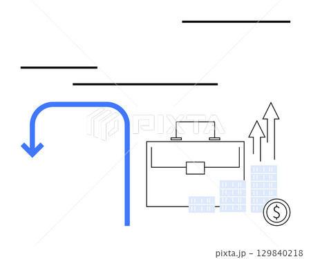 Business briefcase next to increasing stacks of coins and upward arrows, blue U-turn arrow. Ideal for finance, business development, investment, corporate strategy, economic growth, market analysis Business briefcase next to increasing stacks of coins and upward arrows, blue U-turn arrow. Ideal for finance, business development, investment, corporate strategy, economic growth, market analysis 129840218