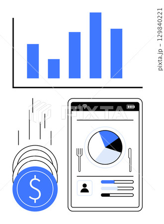 Digital financial management concept featuring smartphone app with pie chart, bar graph, and falling dollar coins. Ideal for finance, investment, savings, budgeting, technology, business analytics 129840221