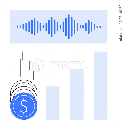 Bar chart with increasing bars beside falling coins and soundwave image. Ideal for financial analysis, investment strategies, economic trends, business growth, financial planning, sound analysis Bar chart with increasing bars beside falling coins and soundwave image. Ideal for financial analysis, investment strategies, economic trends, business growth, financial planning, sound analysis 129840222