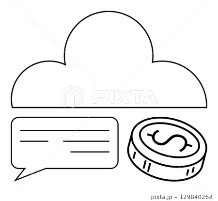 Cloud outline, speech bubble with text lines, coin with dollar sign. Ideal for cloud computing, financial discussions, online banking, communication, technology, digital marketing business strategy 129840268