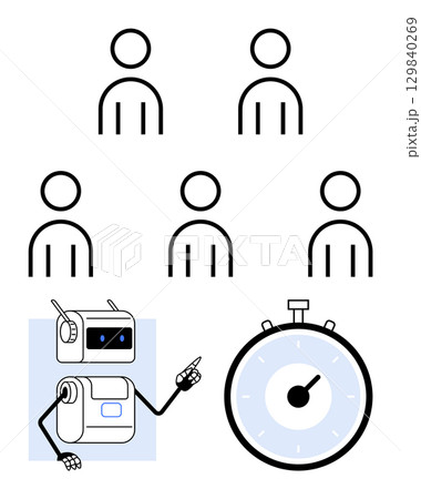 Robot points at stopwatch with six human figures in two rows of three. Ideal for time management, teamwork, productivity, efficiency, organization, planning, automation. Line metaphor 129840269