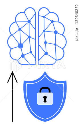 Brain with network connections, shield with lock, and upward arrow. Ideal for AI security, cybersecurity, neural networks, data protection, cognitive science, technology advancements machine 129840270