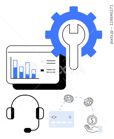Chart with bar graph, gear and wrench, headset, and financial transaction icons. Ideal for business management, technical support, finance, innovation customer service strategy technology. Line 129840271