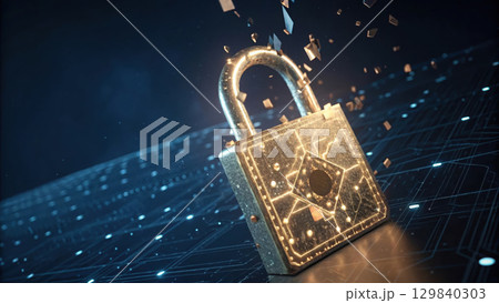 glowing blockchain lock with smart contract code, symbolizing security 129840303